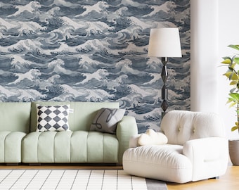 Soft Blue and White Waves Wallpaper, Pastel Colors Wavy Wallpaper, Peel and Stick Ocean Wall Decor, Watercolor Sea Waves Pattern Wallpaper
