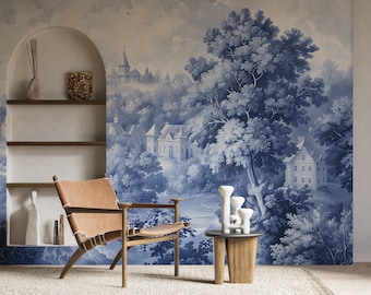 Classic French Countryside Landscape Mural, Blue Monochrome Scenic Wallpaper, Peel and Stick Toile de Jouy Style Mural