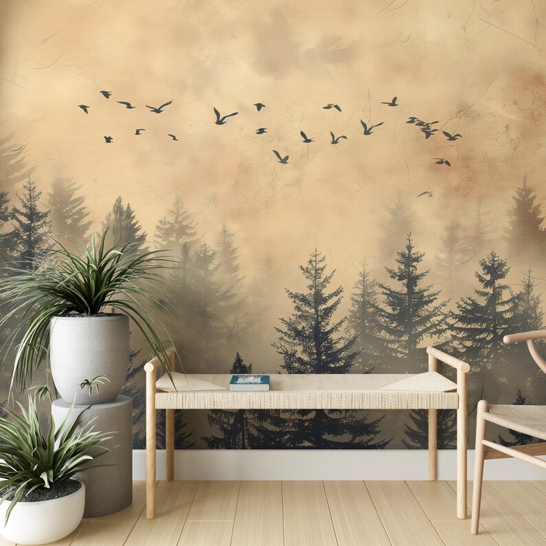 Peel and stick classic nature landscape mural
Removable birds and forest wall decor