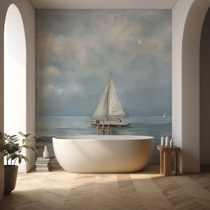 Sailboat Wall Mural, Soft Blue Watercolor Sea Wallpaper, Peel and Stick Boat at Sea Mural, Cloudy Ocean Wall Decor, White Sailboat Removable image 2
