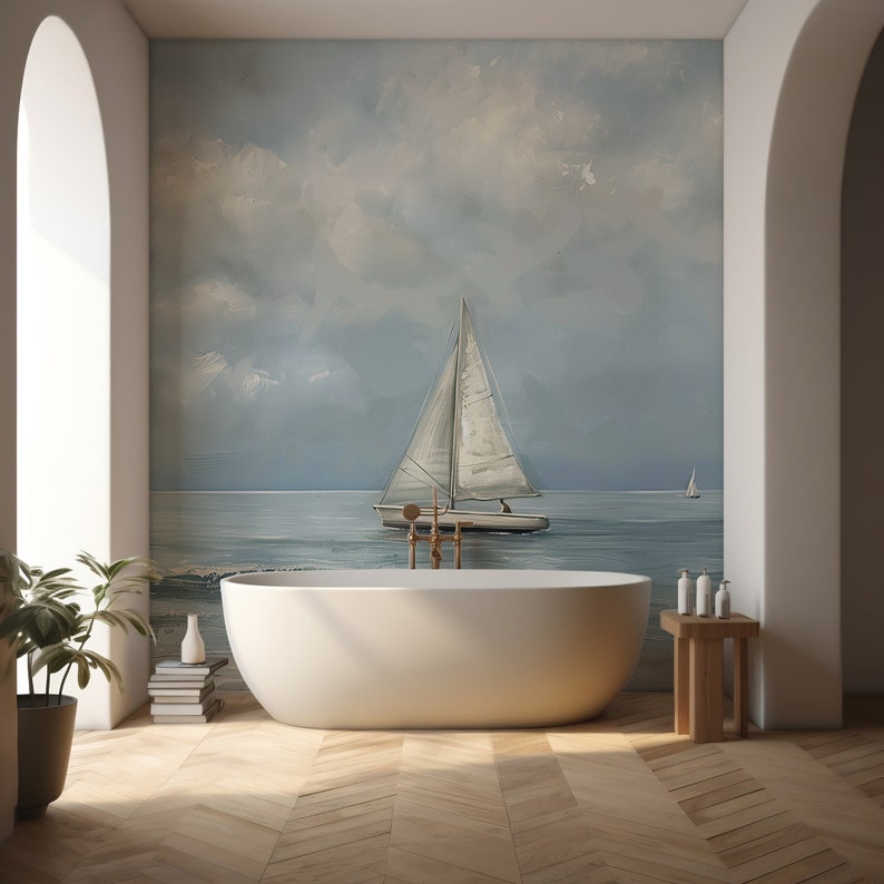 Sailboat Wall Mural, Soft Blue Watercolor Sea Wallpaper, Peel and Stick Boat at Sea Mural, Cloudy Ocean Wall Decor, White Sailboat Removable image 2
