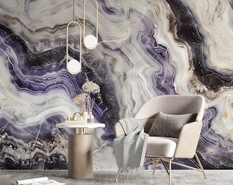 Purple and Grey Marble Wallpaper, Self-adhesive Colorful Marble Texture Decor, Peel and Stick Purple Mural, Accent Wall Alcohol Ink Wall Art