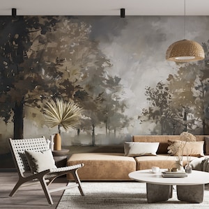 Dark Watercolor Forest Wallpaper, Vintage Tree Wall Mural, Peel & Stick Foggy Forest Wall Decor, Removable Dark Trees Oil Painting Style Art