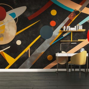 Abstract Black Space Mural, Colorful Planets Wallpaper, Peel and Stick Dark Celestial Wall Decor