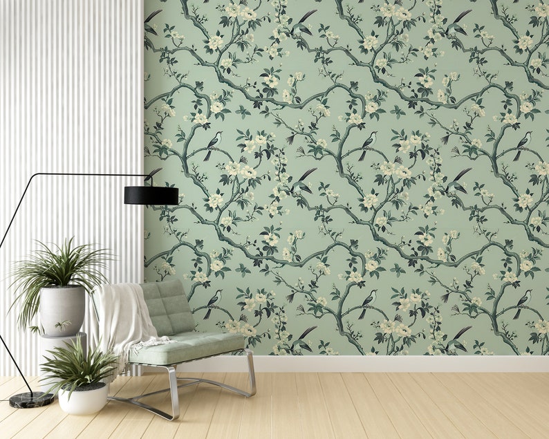 Japanese birds and flowers wallpaper
Botanical wall decor removable