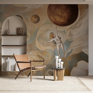 Carta da parati murale astratta dello spazio, arte degli astronauti, carta da parati celeste staccabile e attaccabile, murale dei pianeti futuristici, decorazione da sogno cosmico rimovibile