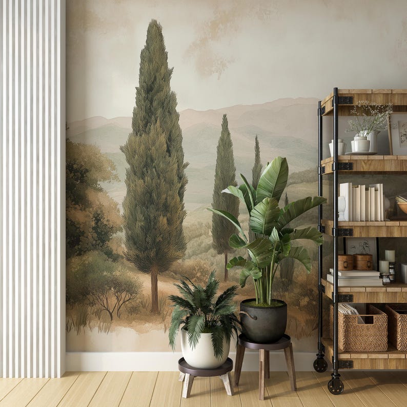 Vintage retro landscape wall mural for peaceful spaces.
Nostalgic scenic wallpaper with watercolor landscape design.