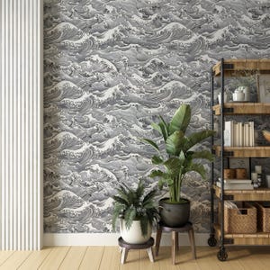 Grey Ocean Waves Wallpaper, Nautical Wallpaper, Grey Monochrome Wavy Wall Decor, Peel and Stick Removable PVC-free Sea Wallpaper