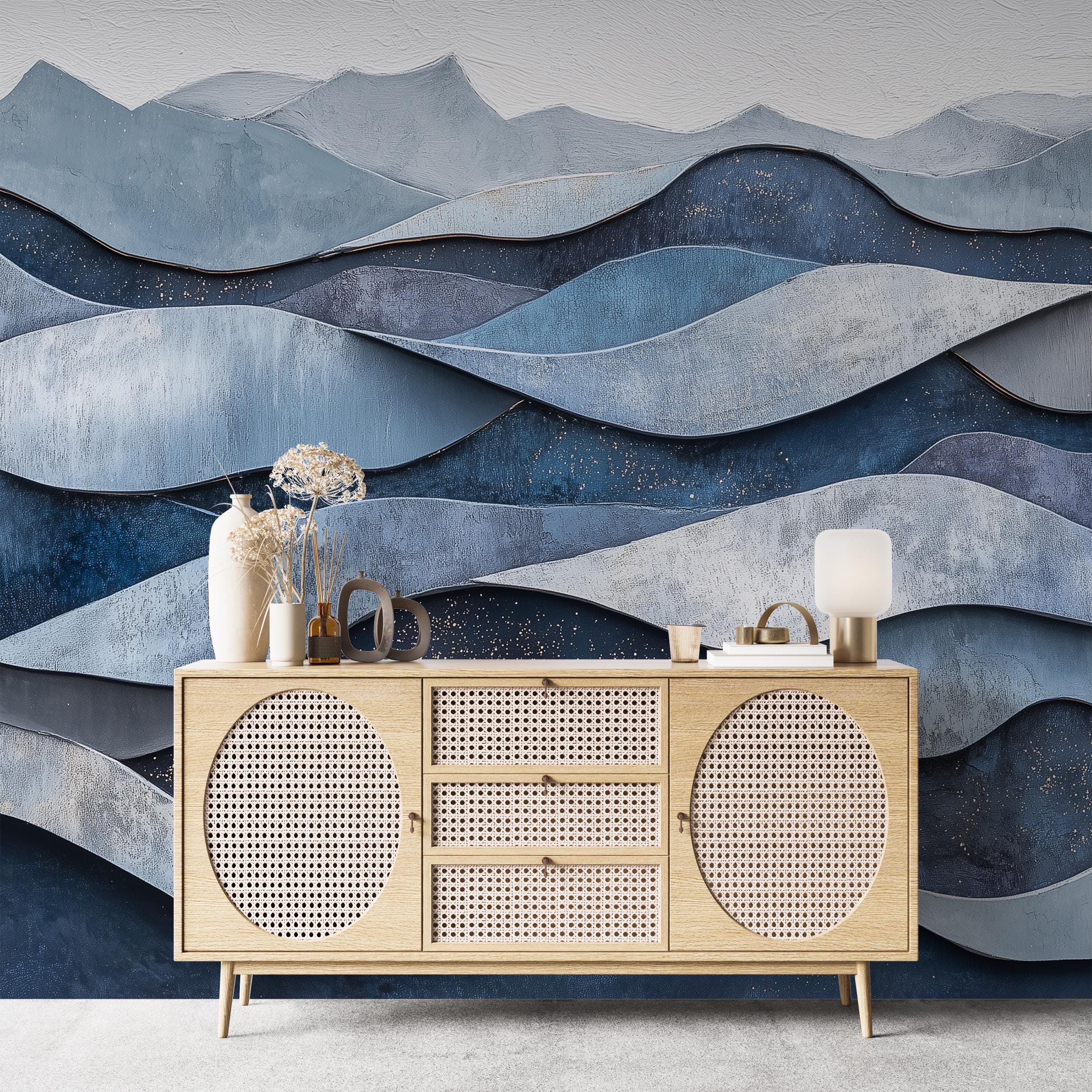 Blue Wavy Wall Mural, Abstract Line Art, Peel and Stick Geometry ...
