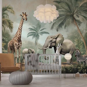 Carta da parati murale per bambini con animali della giungla, carta da parati con animali tropicali, giraffa, elefante, zebra, decorazione da parete per bambini con safari staccabile e attaccabile