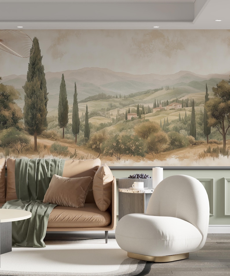 Vintage scenic watercolor mural for home decor.
Retro landscape painting wall mural in soft watercolor tones.