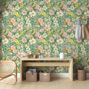 Pastel Color Floral Wallpaper, Pink and White Flowers Wallpaper, Peel and Stick Removable Soft Botanical Art