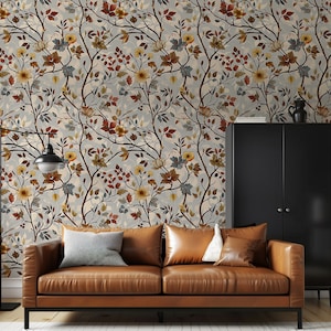 Carta da parati floreale autunnale, carta da parati con fiori e foglie colorati, decorazioni botaniche autunnali stacca e incolla, carta da parati con rami in fiore