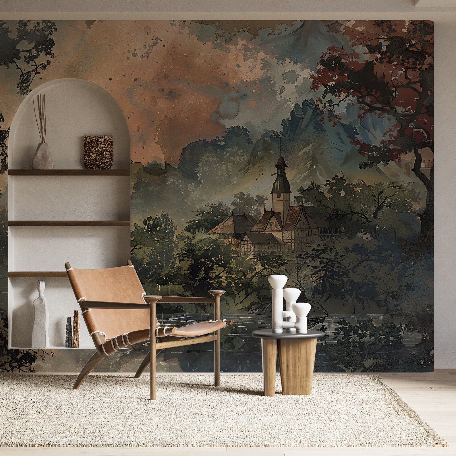 Riverside House Watercolor Wallpaper, Vintage Forest Classic Wallpaper ...