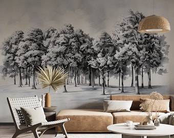 Black and White Trees Wall Mural, Pencil Drawing Tree Wallpaper, Peel and Stick Grey Monochrome Classic Wallpaper, Vintage Landscape Art