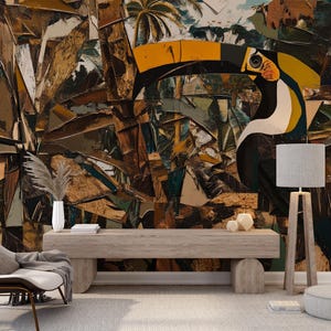 Toucan in the Jungle Oil Painting Style Wall Mural, Abstract Brown Forest Wall Art Decor, Peel and Stick Colorful Bird Mural