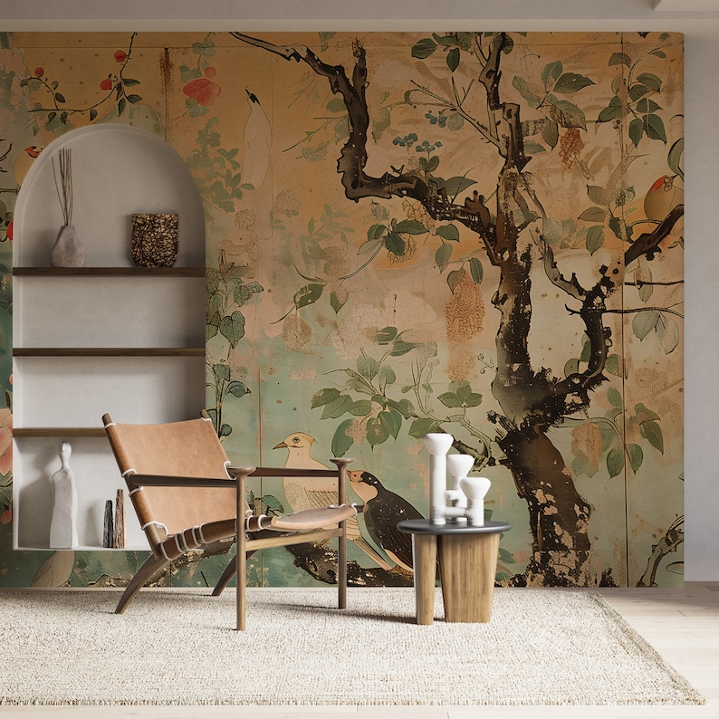 Peel and stick Japanese wallpaper
Removable birds flowers and tree wall decor
