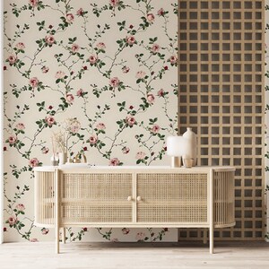 Soft Pink Roses Wallpaper, Peel and Stick Cozy Beige Botanical Wall ...