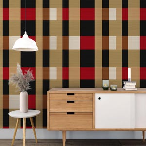 Beige, Red, and Black Geometric Wallpaper Modern Plaid Wall Mural Stylish Abstract Pattern Bold Geometric Design Peel and Stick Wallpaper