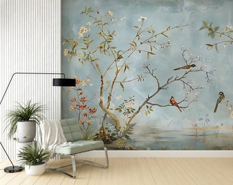 Light Blue Chinoiserie Birds Wallpaper Mural, Peel and Stick