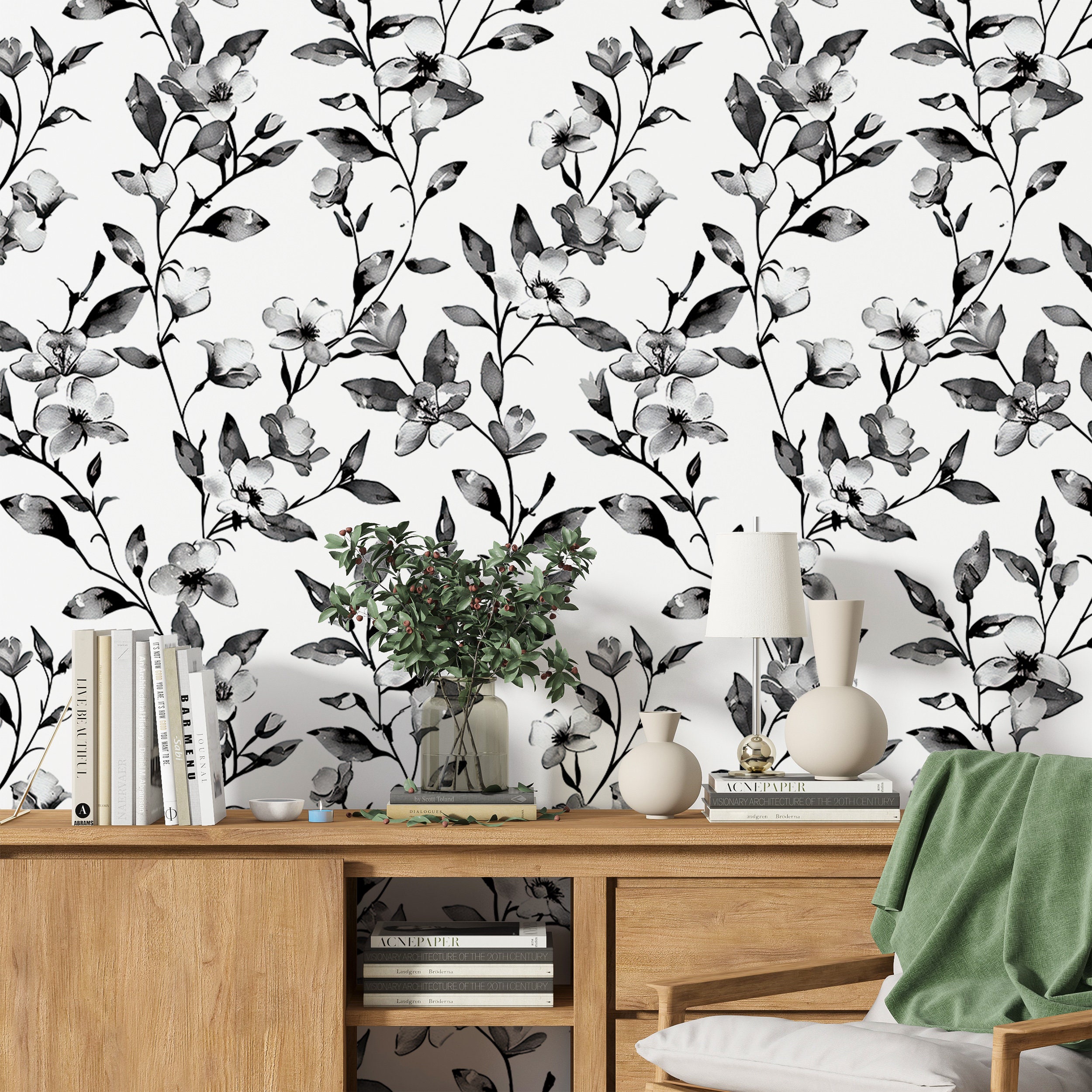 Black and White Botanical Wallpaper, Monochrome Floral Wallpaper, Peel
