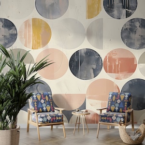 Boho Style Circles Mural, Muted Colors Geometry Wallpaper, Abstract Contemporary Geometrical Wall Art, Peel and Stick Accent Wall Decor