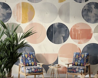 Wandgemälde mit Kreisen im Boho-Stil, Geometrie-Tapete in gedämpften Farben, abstrakte zeitgenössische geometrische Wandkunst, Wanddekoration mit Akzent zum Abziehen und Aufkleben