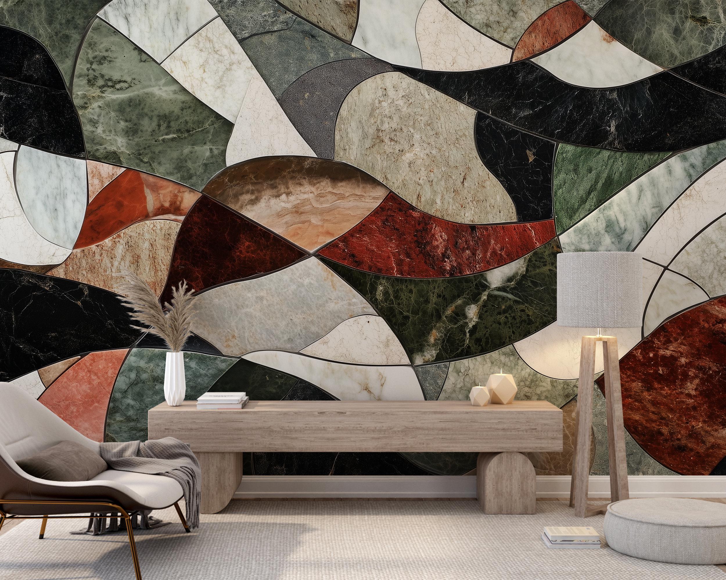Colorful Marble Mosaic Mural, Abstract Stone Tiles Shapes Wallpaper ...
