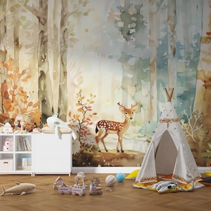 Murale della foresta delle fate dell'acquerello, carta da parati con animali del bosco, decorazione della parete della foresta, cervo nella foresta, murale per bambini con animali carini per l'asilo nido