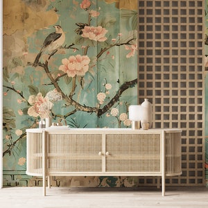 Japanische Kunst Wandbild, Chinoiserie Tapete im Vintage-Stil, alte traditionelle japanische Tapete mit Blumendekor