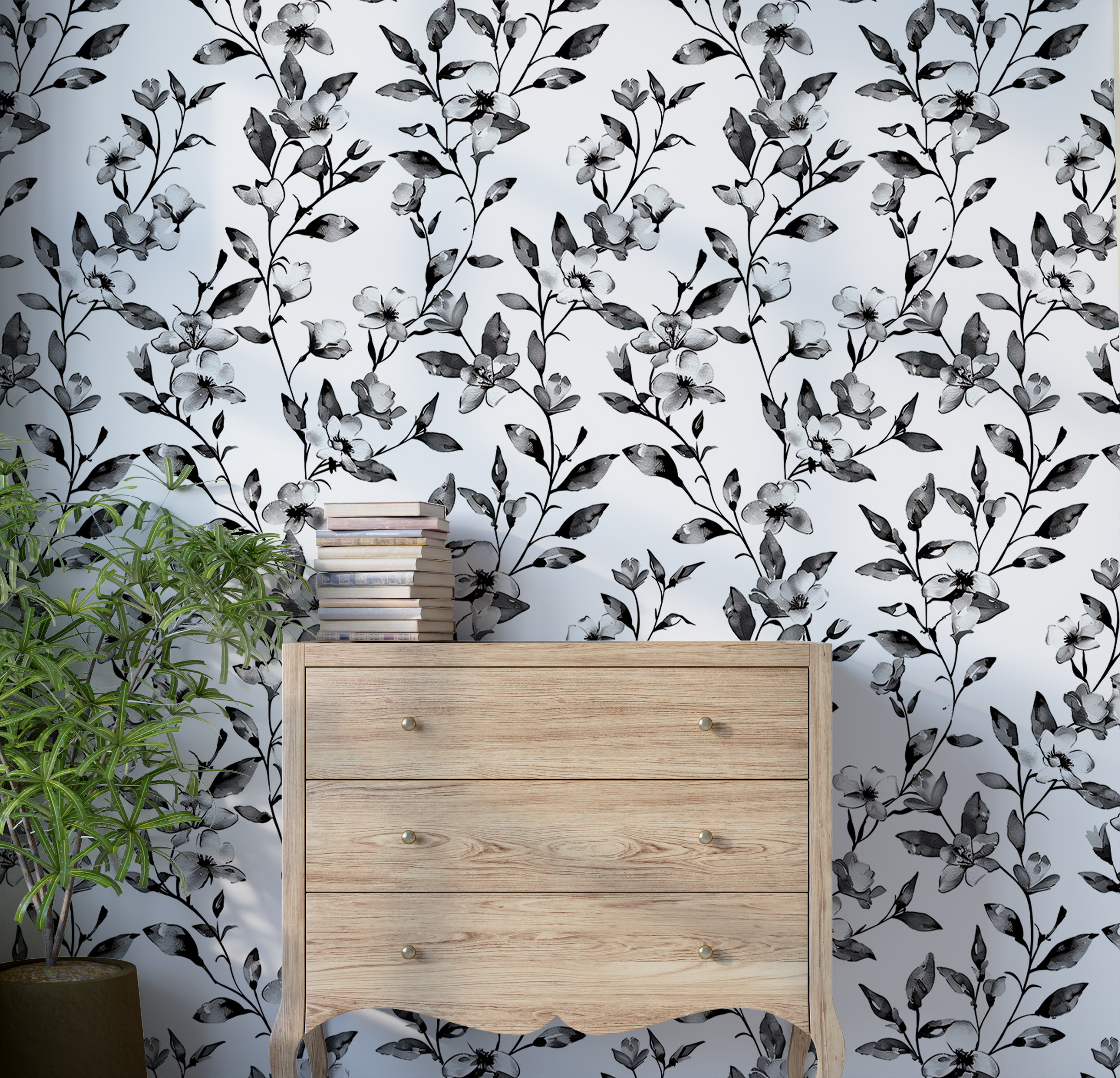 Black and White Botanical Wallpaper, Monochrome Floral Wallpaper, Peel