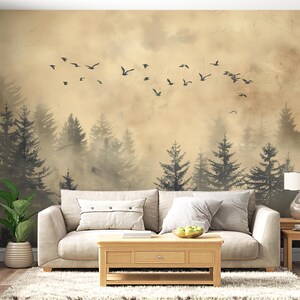 Tranquil birds and forest peel and stick wall art