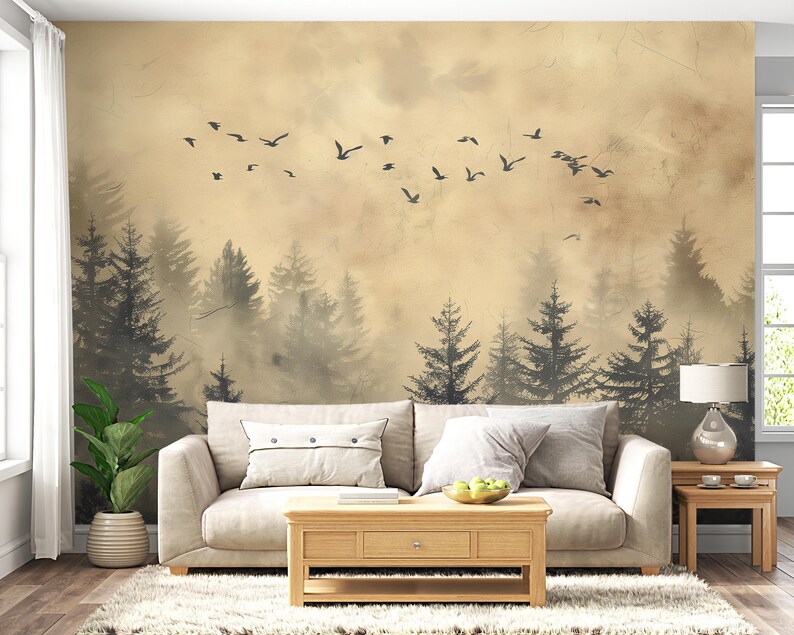 Tranquil birds and forest peel and stick wall art