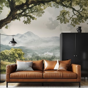 Hanging Tree Branch Scenic Wallpaper, Mountain Valley Landscape Mural, Greenery Wallpaper, Peel and Stick Vintage Decor
