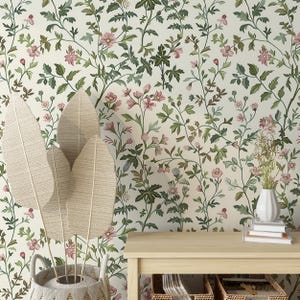 Neutral Floral Wallpaper, Light Botanical Wall Decor, Peel and Stick Vintage Minimalist Flowers and Leaves Wallpaper