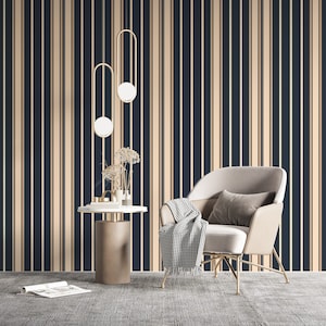 Carta da parati a righe blu navy e beige, carta da parati a righe classica, decorazione da parete a strisce verticali stacca e incolla, linee blu e beige senza tempo