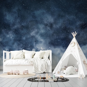Murale con cielo stellato blu e bianco, carta da parati per bambini con stelle e nuvole nel cielo, arte della notte stellata staccabile e adesiva