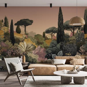 Lush Garden Wall Mural, Colorful Forest Wallpaper, Peel and Stick Removable Trees and Plants Wall Art