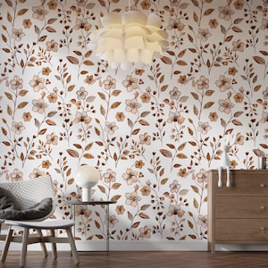 Carta da parati botanica marrone e bianca, carta da parati floreale minimalista, decorazione murale leggera con buccia e bastone per la scuola materna, carta da parati con fiori e foglie