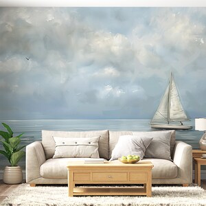 Sailboat Wall Mural, Soft Blue Watercolor Sea Wallpaper, Peel and Stick Boat at Sea Mural, Cloudy Ocean Wall Decor, White Sailboat Removable image 3