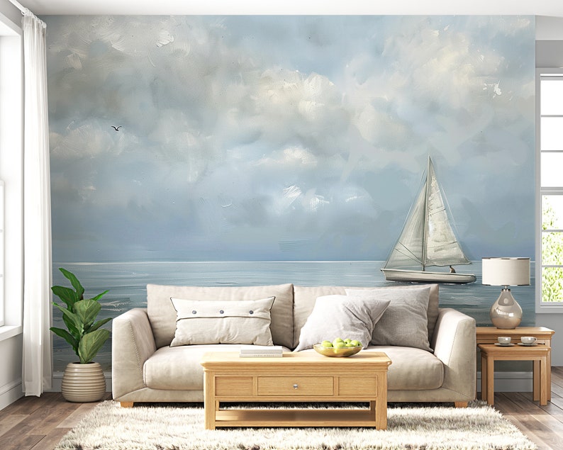 Sailboat Wall Mural, Soft Blue Watercolor Sea Wallpaper, Peel and Stick Boat at Sea Mural, Cloudy Ocean Wall Decor, White Sailboat Removable image 3