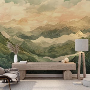 Green and Beige Mountains Mural, Abstract Dunes Wallpaper, Colorful Landscape Peel and Stick Wall Decor