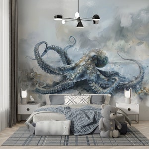 Octopus Wandbild, Aquarell Riesenoktopus-Tapete, Unterwasserwelt-Tapete, Schälen und Stick Abnehmbares Ozeantier-Wandbild