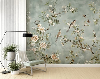 Chinoiserie Wallpaper, Green Floral Birds Mural, Removable Soft Decor