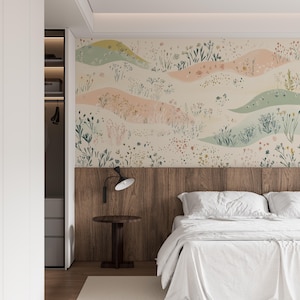 Peel-and-stick flower field wallpaper for serene decor.
Soft pastel meadow mural for calming nursery walls.