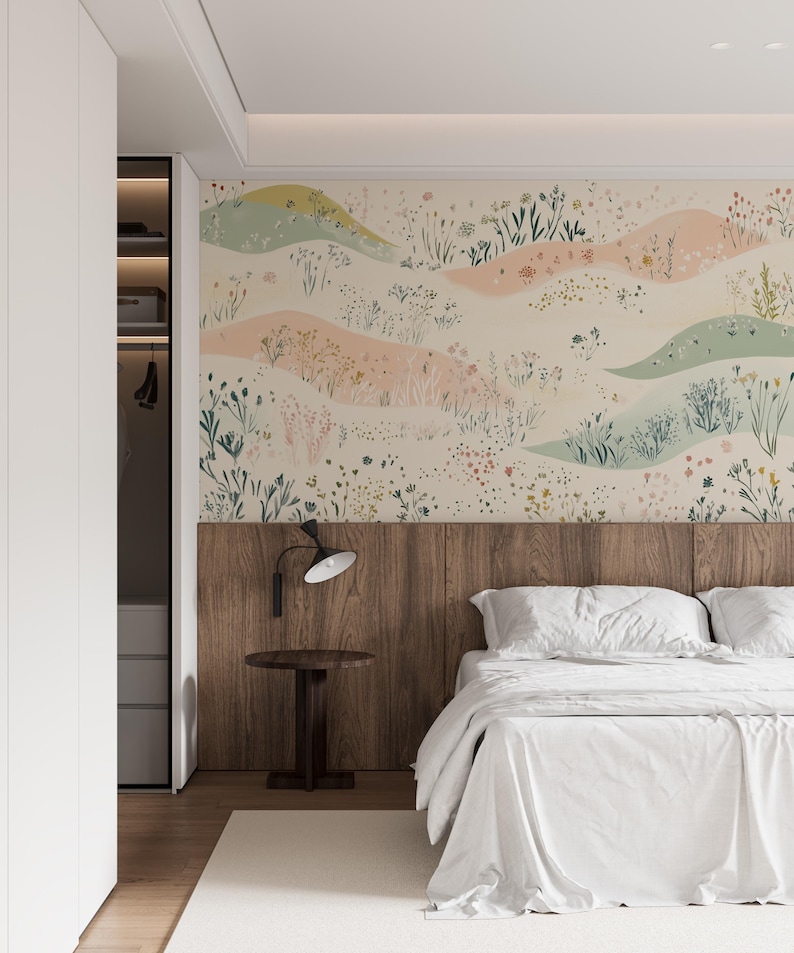 Peel-and-stick flower field wallpaper for serene decor.
Soft pastel meadow mural for calming nursery walls.
