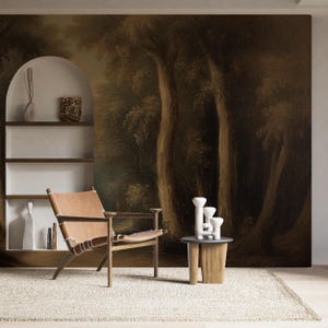 Dark Moody Forest Mural, Vintage Peel and Stick Wallpaper, Rural Trees Wall Decor, Removable Wallpaper