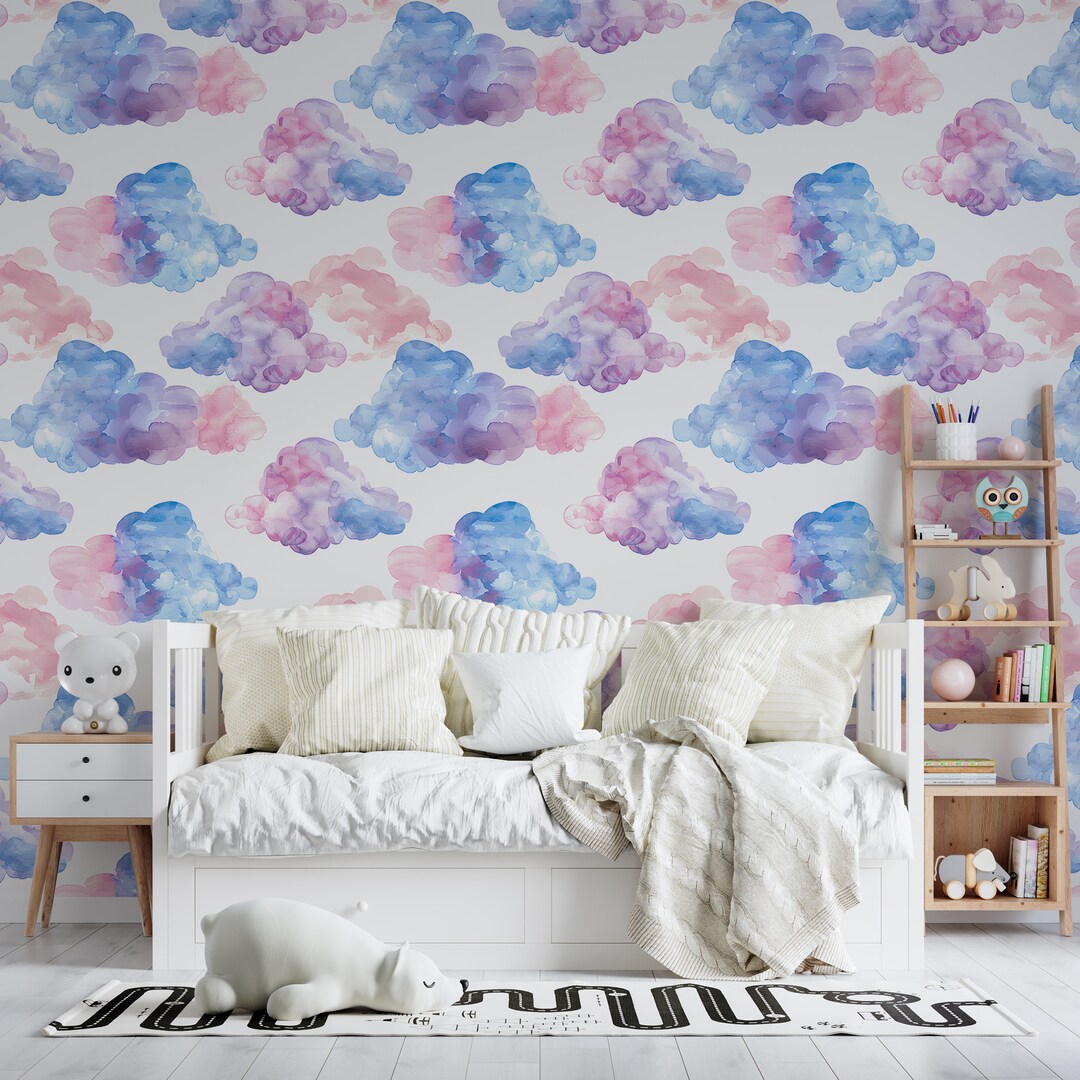 Soft Pink and Blue Clouds Wallpaper, Nursery Pastel Colors Clouds Wall ...