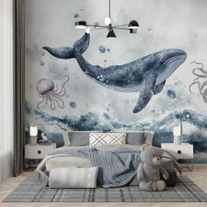 Carta da parati con animali dell'oceano e acquerello, murale con balena, decorazione murale astratta con vita sottomarina e staccabile