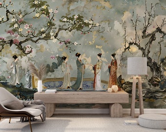 Muted Green Chinoiserie Mural, Sakura Tree Vintage Style Wallpaper, Traditional Japanese Art Mural, People and Flowers Peel and Stick Art